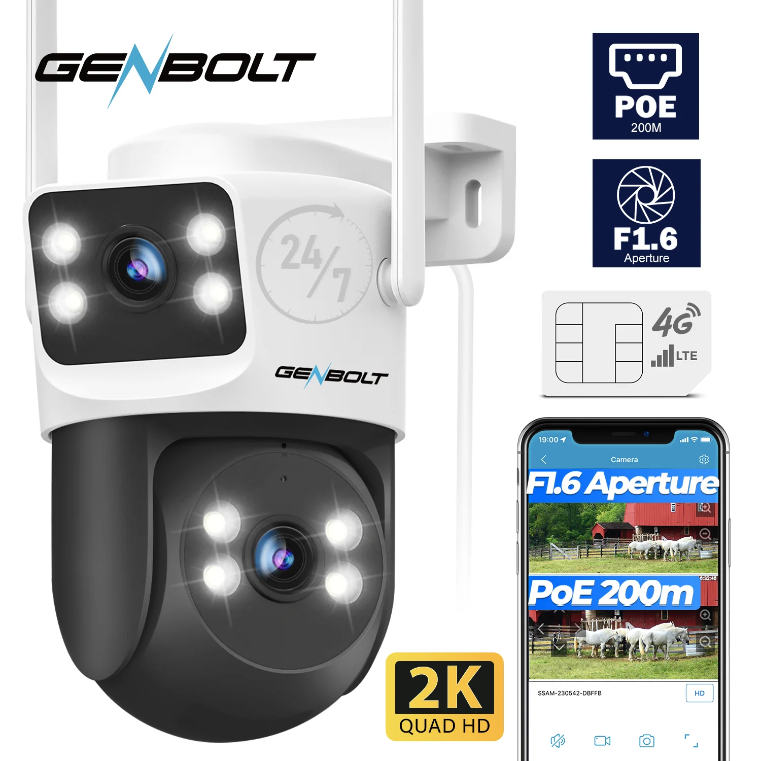 GENBOLT 3G/4G LTE Security Camera Outdoor No WiFi, Dual Lens PoE Surveillance Camera CCTV with Sim Card Cellular, 24/7 Recording Plug in Wired IP Cam with Auto Tracking Human Detection