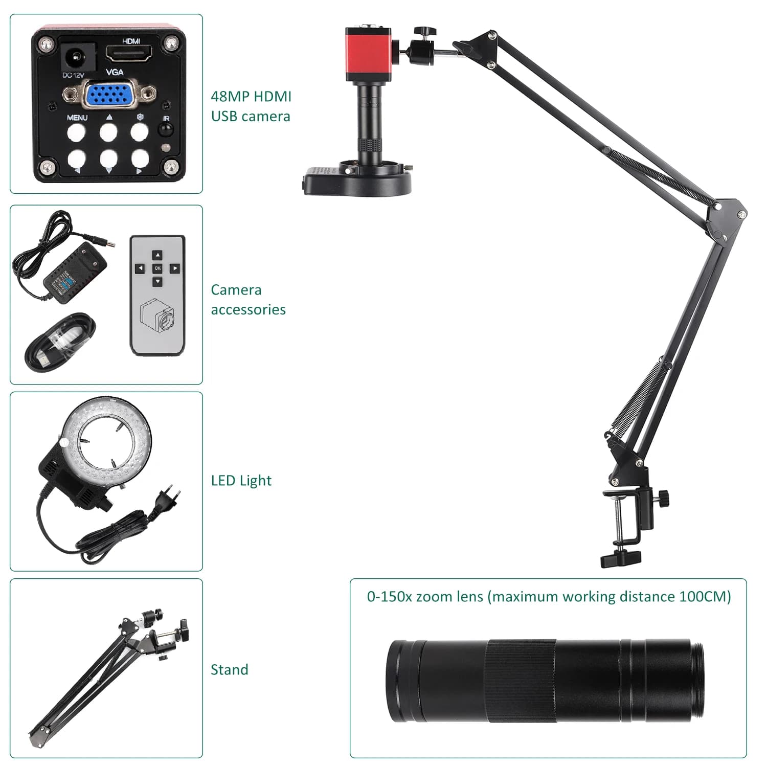 YIZHAN 60MP 48MP 4K Electronic Digital Microscope For Soldering 1080P HDMI VGA USB Industrial Camera 150xLens FoldBracket Remote