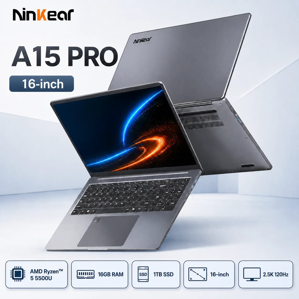 Ninkear A15 Pro Laptop 16 Inch 2.5K 2560×1600, AMD Ryzen 5 5500U 6-Core, 16GB DDR4 RAM 1TB SSD, WiFi 6, Bluetooth 5.2, 54.72Wh Battery, Backlit Keyboard, Fingerprint, 65W PD