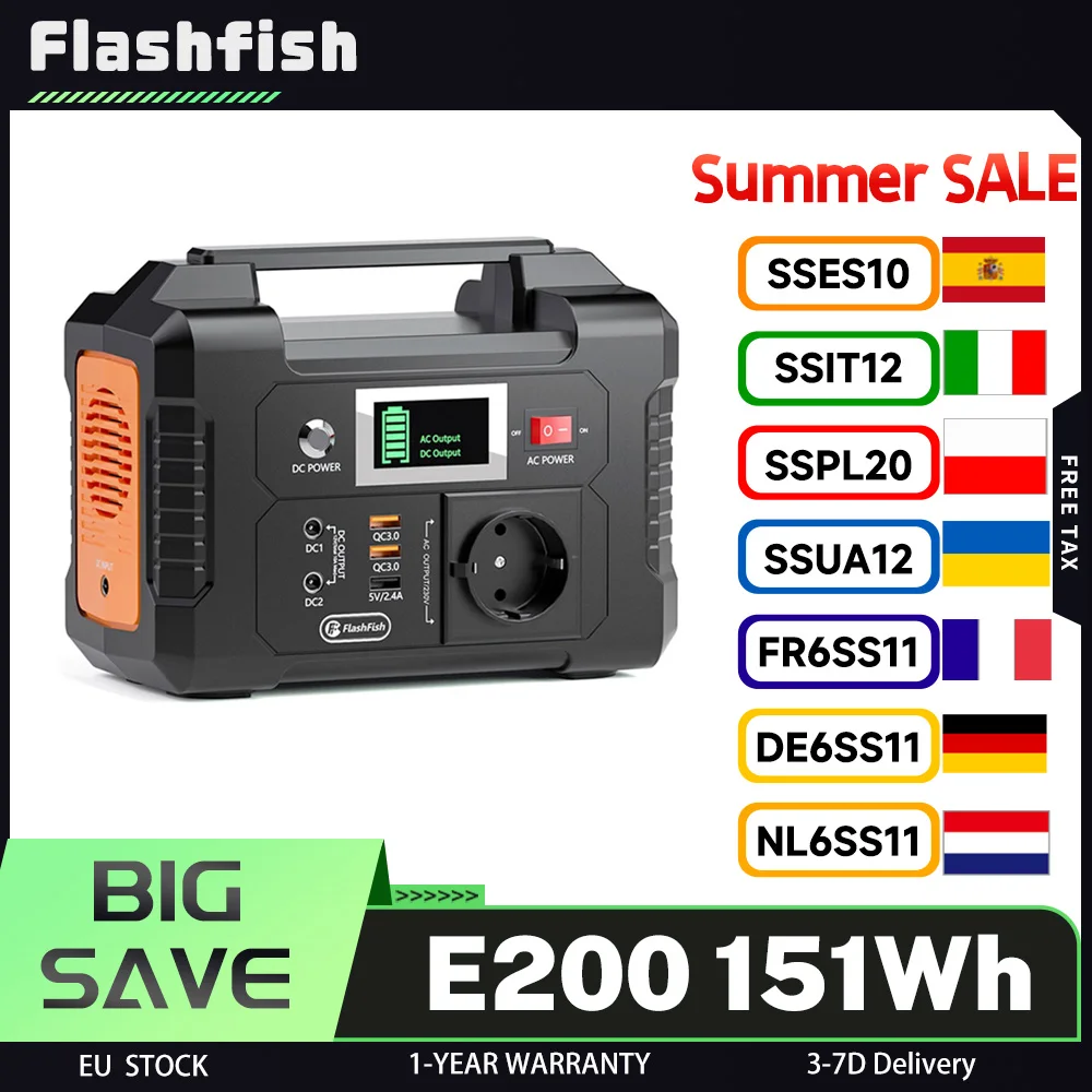 Flashfish E200 Portable Power Station 200W 151Wh LiFePO4 Battery Outdoor travel Vehicle usage Home Portable Carry Power Supply