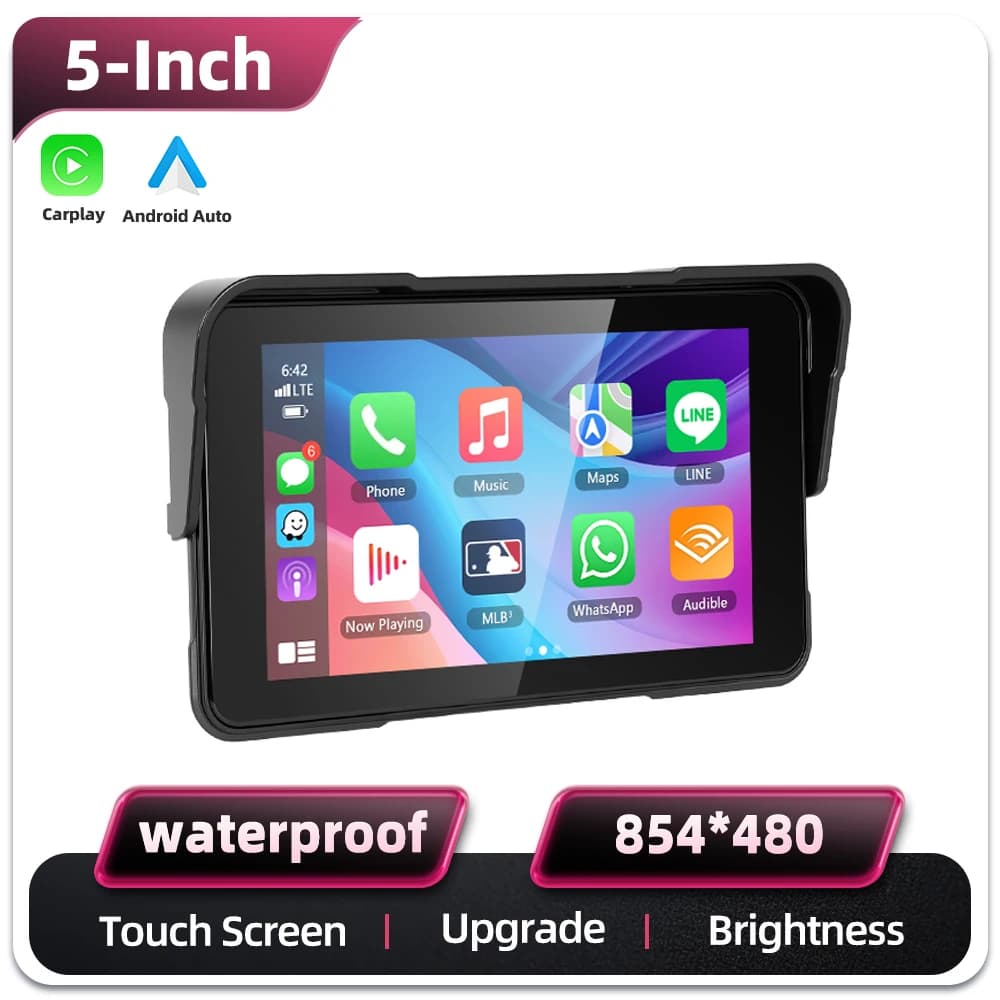 Podofo 5 Inch HD Screen Motorcycle Portable Smart Player Wireless Android Auto Carplay IP68 Waterproof Brightness Adjustment Support Tire Pressure Detection Type-C IP68 Waterproof High Performance Chips Car Monitor