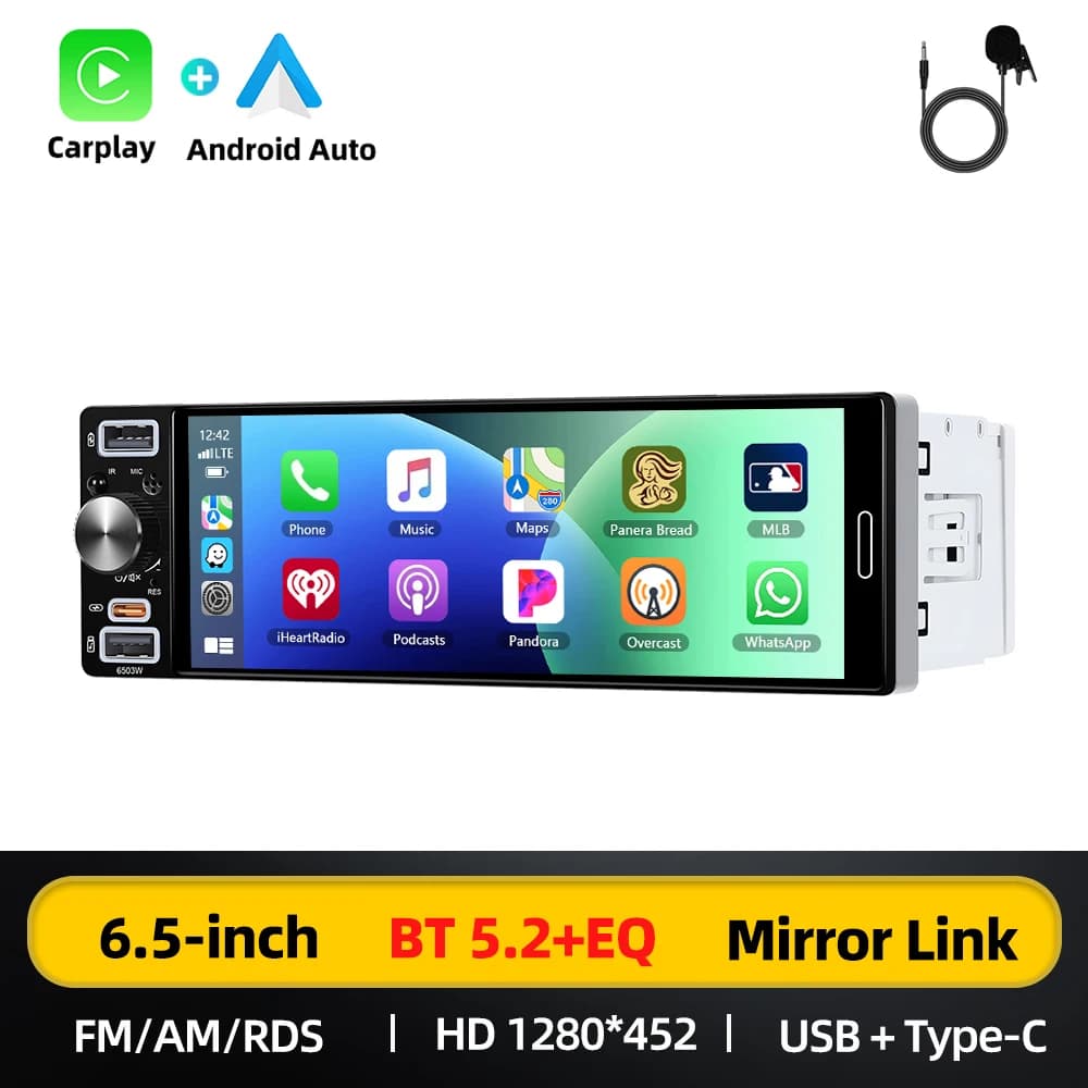 Podofo 1 Din 6.5-inch Car Radio Multimedia MP5 CarPlay Android Auto Car Intelligent Systems BT FM AM RDS Radio Mirror Link