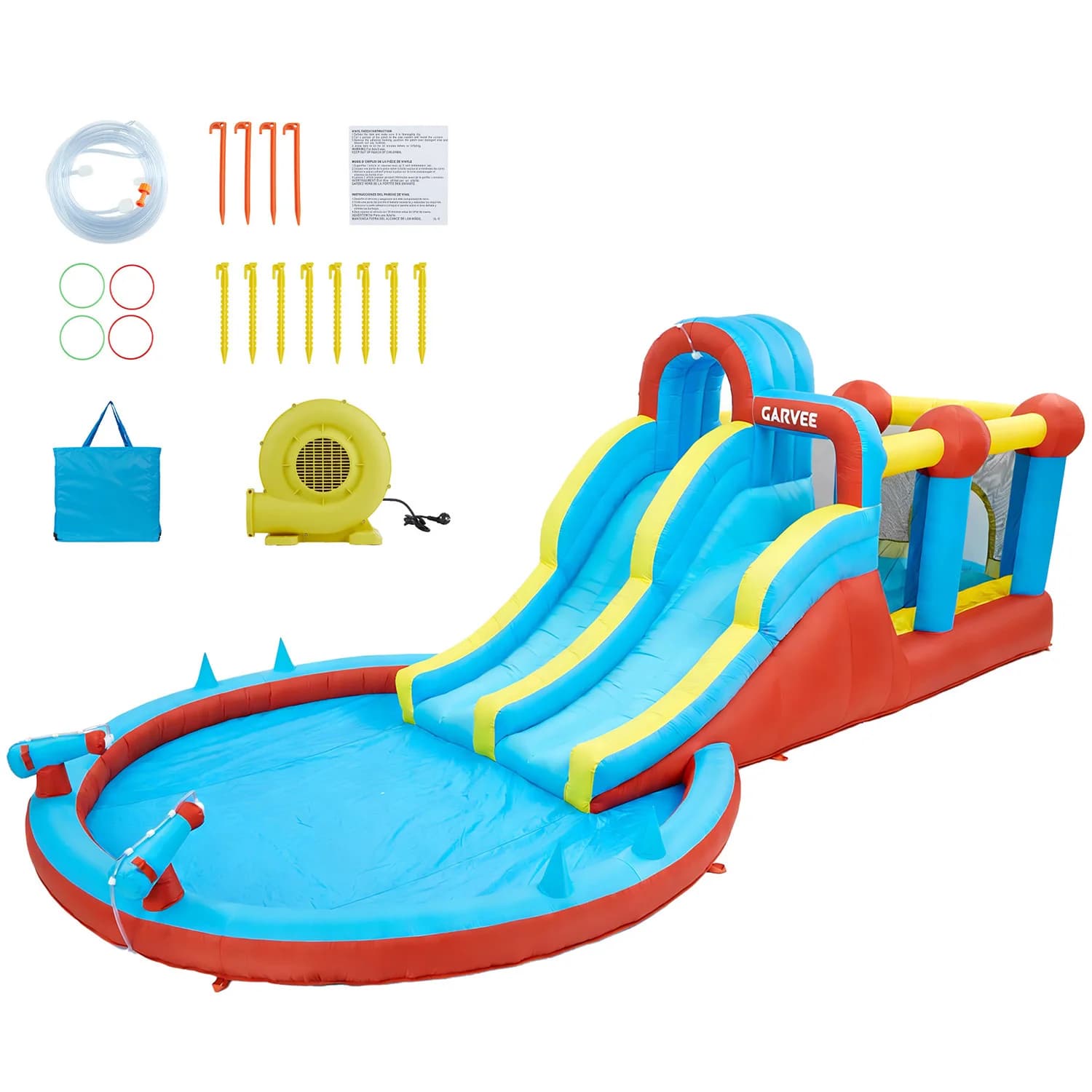 9-in-1 inflatable water slides park for children racing slides, climbing wall, large pool in the backyard, paddling pool and more. Robust Oxford outdoor summer toys for children 3-10 years old