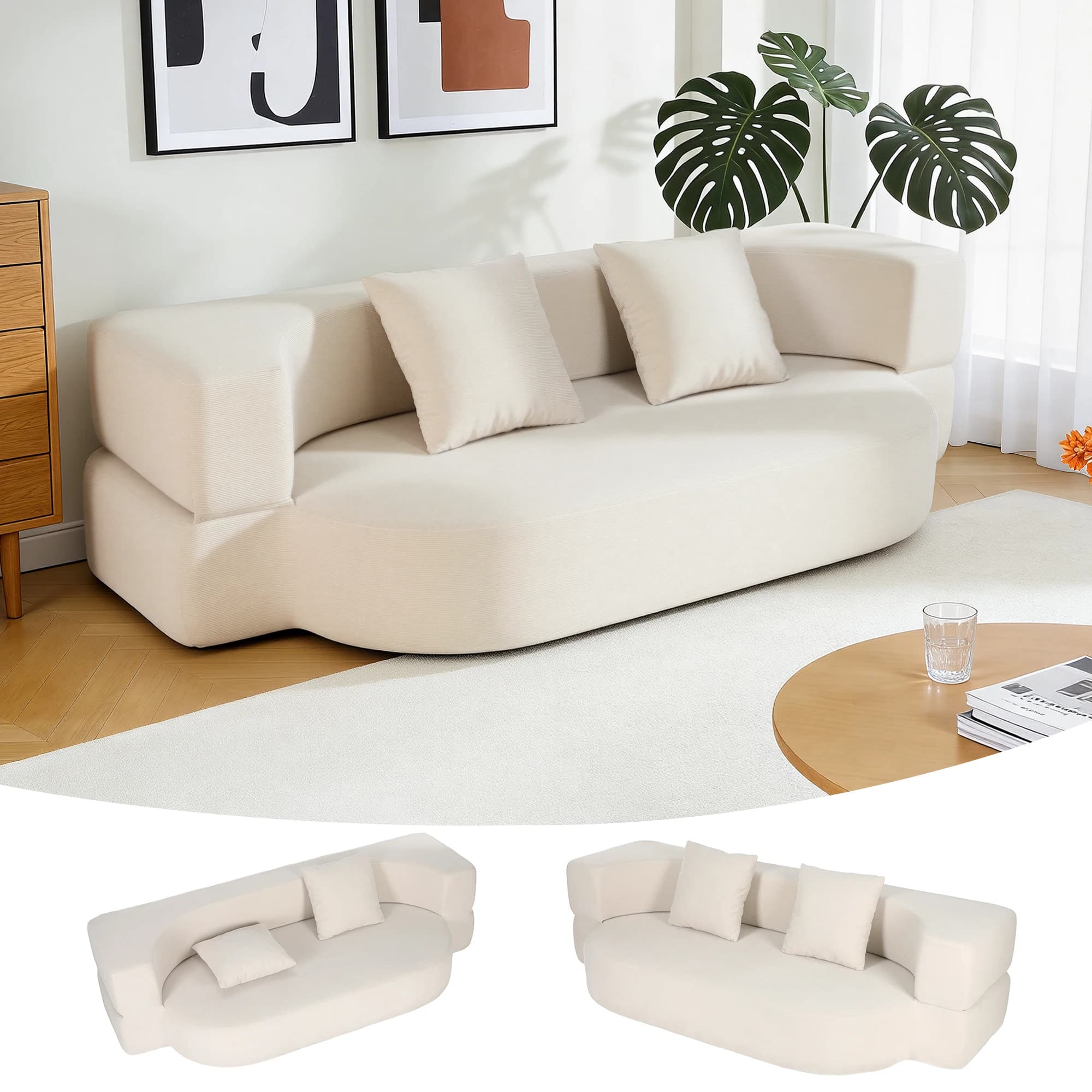 OYAJIA Foldable Frame-less Sofa Bed, Two-Seater, Small Floor Mat, Convertible Sleeping Sofa, Two-Seater Sofa with 2 Cushions, Suitable for Living Rooms and Bedrooms, Off-White/Grey