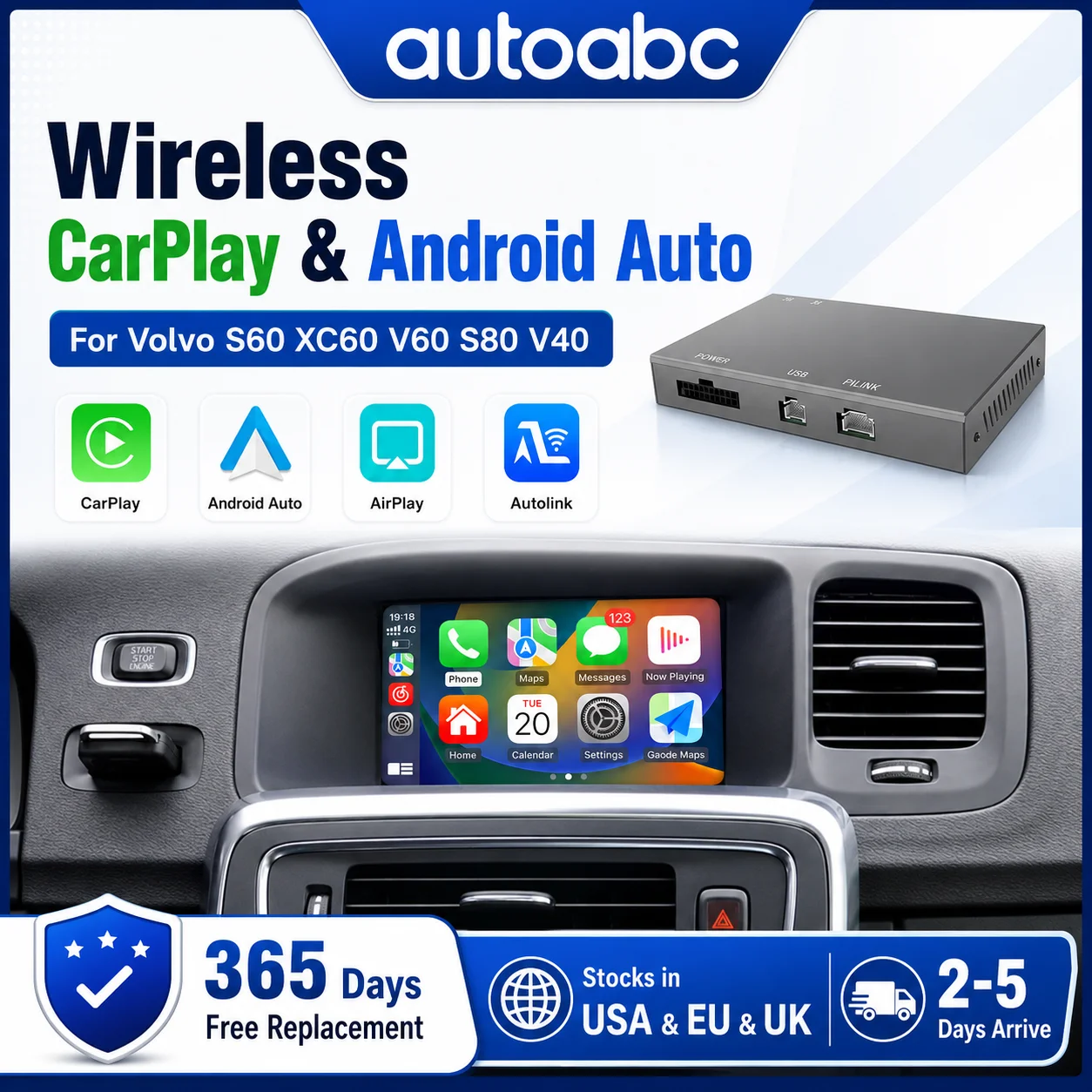 Wireless CarPlay Android Auto For Volvo V40 2011-2018  XC60 S60L 7inch Interface with Mirror Link AirPlay Car Play Reverse Camera Siri GPS Bluetooth Multimedia Box