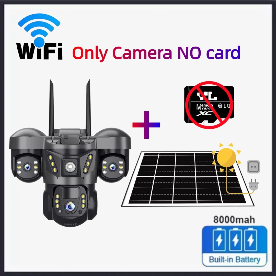 V380 WiFi solar surveillance camera, 15MP, 3 lenses, 3 screens, 10x optical zoom, PIR motion detection, night vision, waterproof CCTV security camera