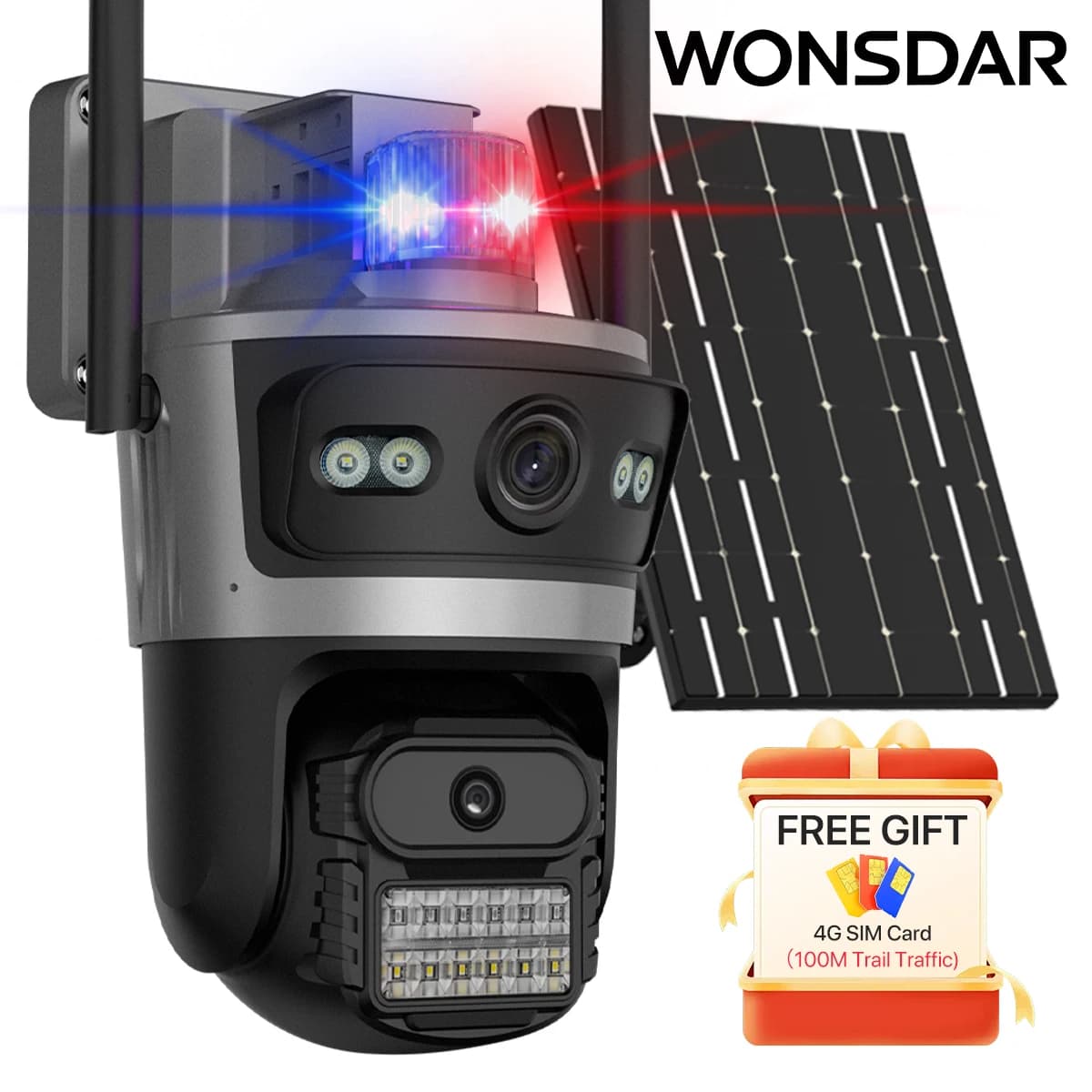 WONSDAR 4G Solar Camera Three Screen 24 Hours Record  Low Power Battery IP Camera Color Night Vision CCTV Security Protection Cam