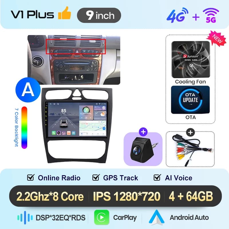Junsun 9" Android 15 Car Radio For Mercedes Benz C Class CLK Class W203 W209 S203 A209 2000-2005 Wireless For Apple CarPlay Auto IPS Screen Stereo Multimedia Video Player Automotive Smart Intelligent Systems 2 Din Autoradio Head Unit GPS Bluetoth DSP RDS