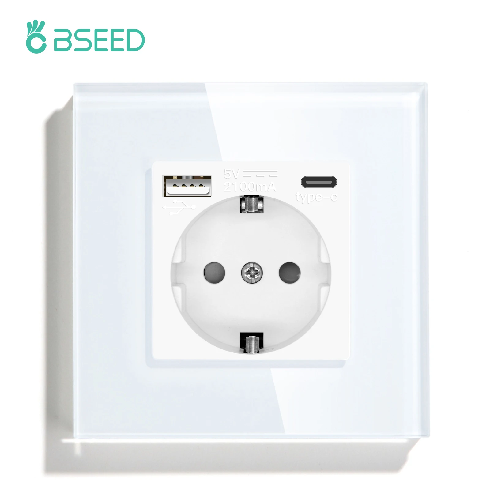 BSEED Wall Socket Glass Frame Phone Charge USB C Single Socket 16A EU Standard 110V - 240V Electrical Outlet Type-c Wall Mounted