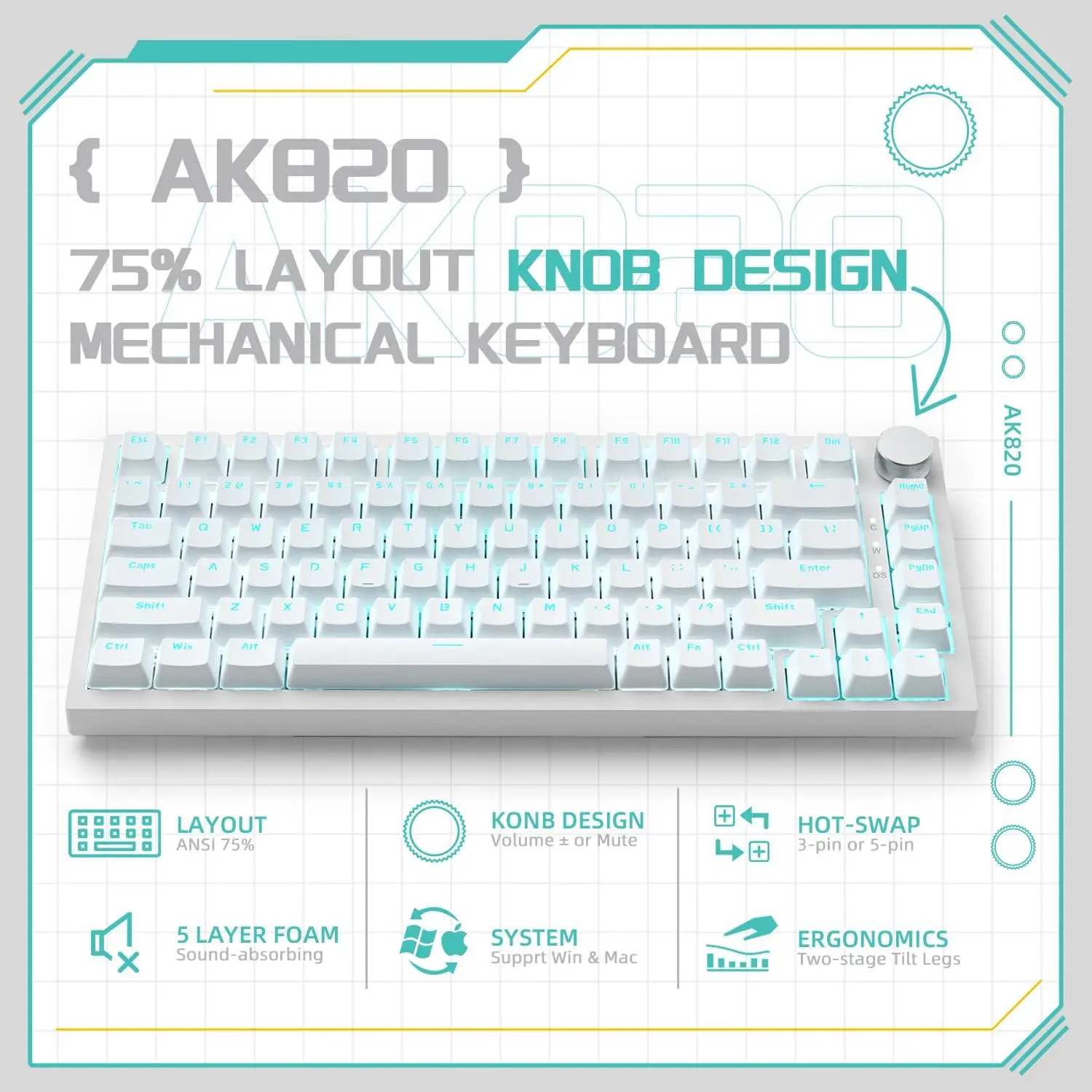 AJAZZ AK820 82-key Mechanical Keyboard QWERTZ layout Hot Swap Volume Rotary Button