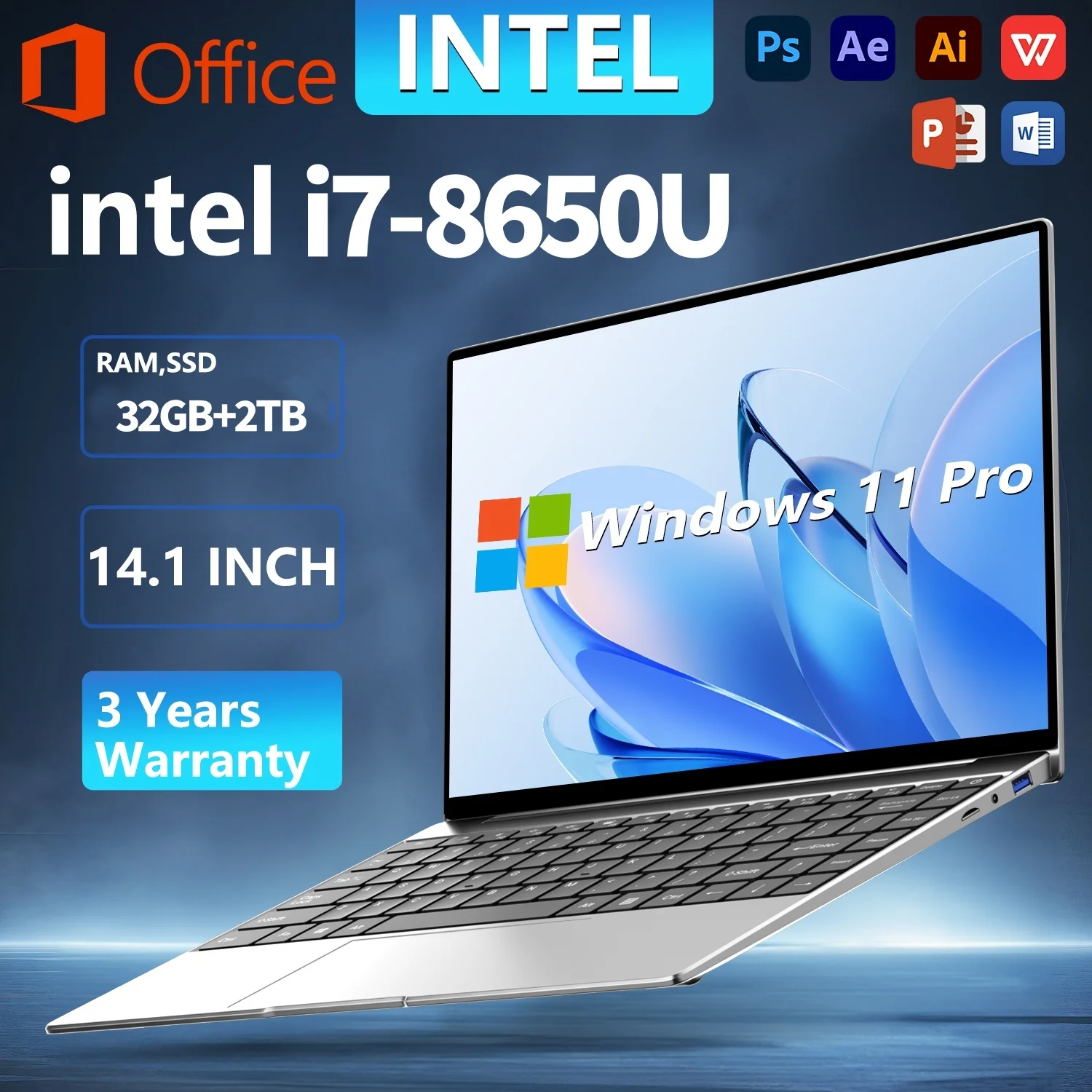 ultra-thin Laptop Intel Core i7-8650U Processor 32GB RAM 1TB 2TB SSD 14.1 Inch Office Study Gamer Windows 11 Portable Notebook