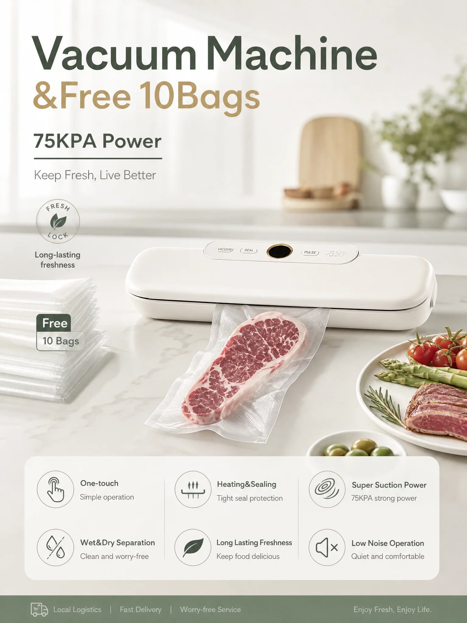 Home under vacuum Machine, Small Food Preservation machine, compression packaging, plastic Seal machine for kitchen, Includes 10 bags under vacuum