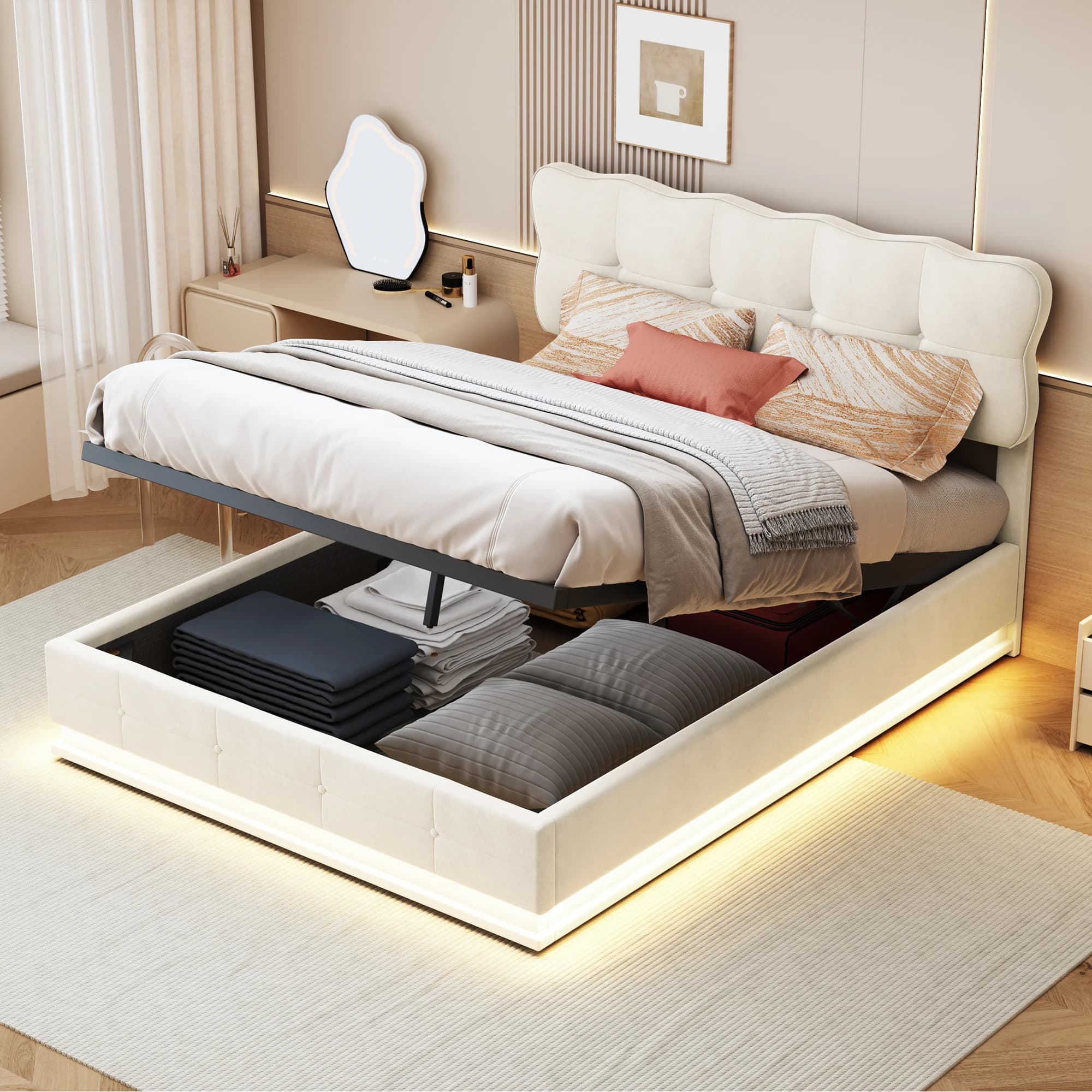 Rosahqnda Upholstered Bed 140 x 190 cm with Height Adjustable Headboard，Double Bed with Hydraulic Gas Lift Storage and LED,Wooden Bed Frame，Youth Bed，Guest Bed，Velvet，Beige，Without Mattress