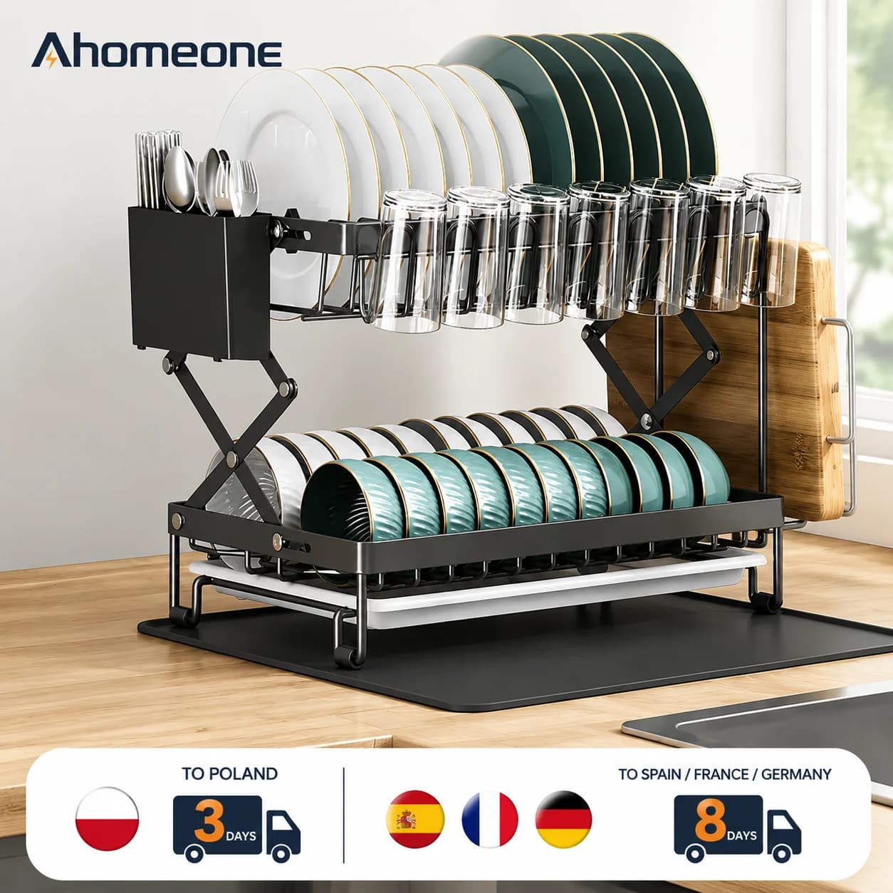 2-Tier Dish Drying Rack with Drainboard & Cutlery Holder Foldable Stainless Steel Kitchen Counter Organizer Space Saving Tableware Drainer for Home Kitchen Sink Organizer Tableware Storage Shelf Rustproof Dish Rack Countertop Drying Rack Bowl Plate Holder
