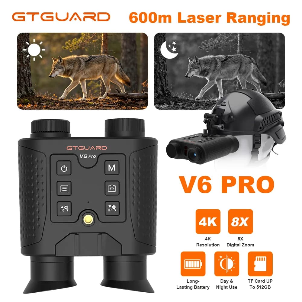 GTGUARD V6/V6 PRO Night Vision Binocular 4K 8X Digital Zoom Goggles Head Mounted Infrared 600m Laser Ranging Hunting Telescope