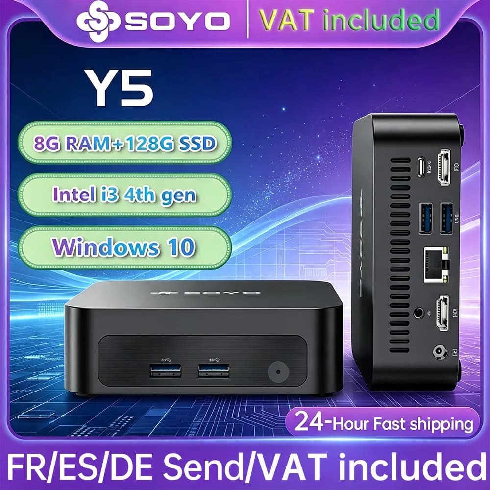SOYO Mini PC Y5 Intel Core i3 4th Gen Processor 8GB RAM 128GB SSD Windows 10 Mini Desktop Computer Multi-Screen 4K Output WiFi & Bluetooth 4.2 USB-C RJ45 Ethernet Compact Small PC for Home Office Business Daily Use