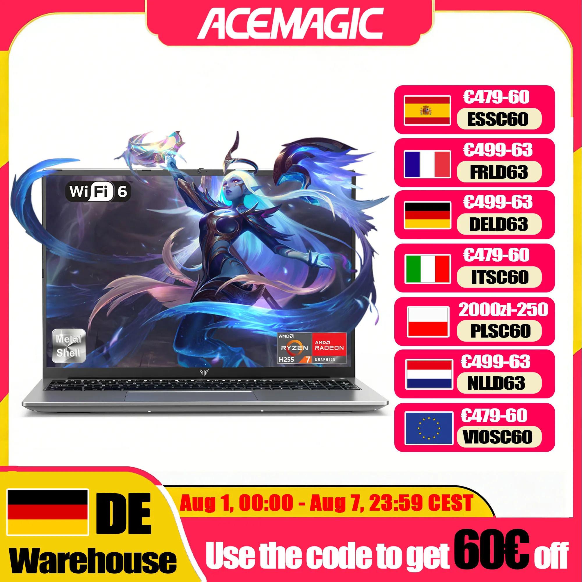 ACEMAGIC S16 Laptop 16Inch Gaming Laptop - Ryzen 7 H255 - 24GB LPDDR5 512B NVMe SSD - AMD Radeon 780M - WiFi6 - BT5.2 - Windows 11 Pro