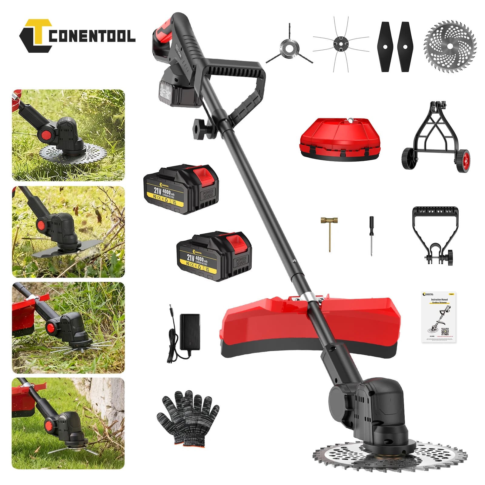 CONENTOOL 21V Brushless Grass Trimmer 10 Inch Cordless Electric Lawn Mower with 2 Batteries Support Wheel Folding Handle