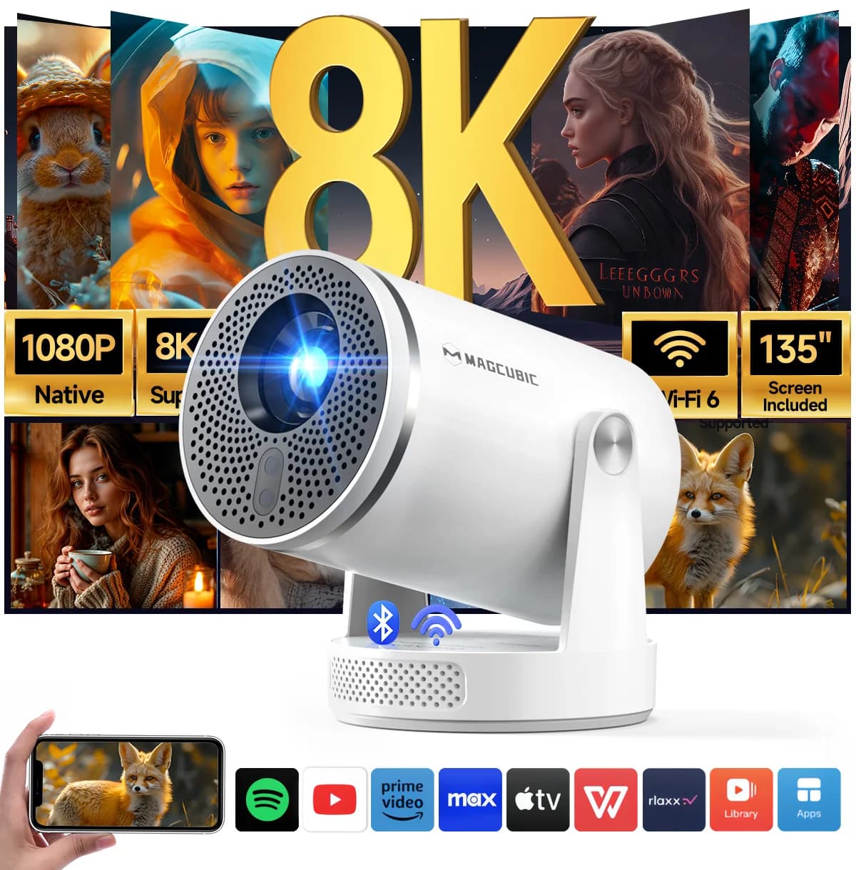 Magcubic HY320Pro Upgraded HY300 Pro Projector, Native 1080P Full HD Auto Focus, Android 14 Voice Control Portable Home Cinema Beam