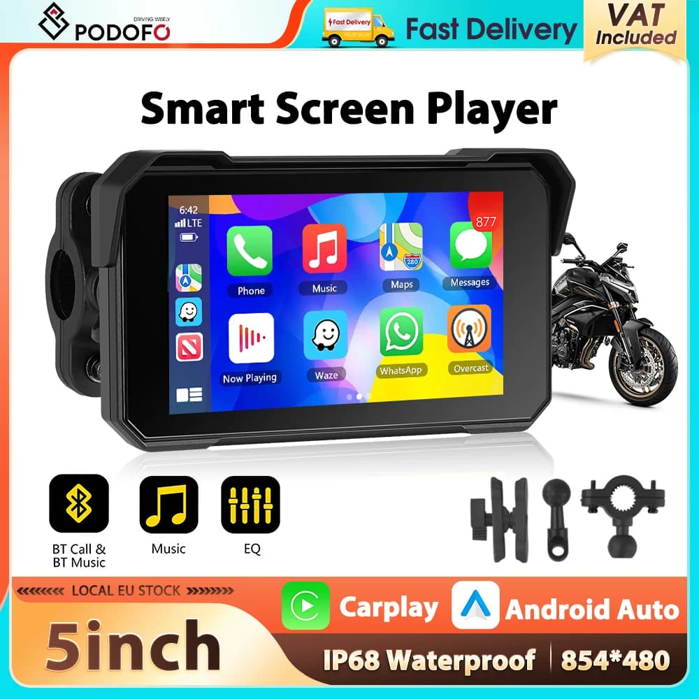 Podofo 5'' Motorcycle Monitor Carplay Android Auto IP68 Waterproof Smart Screen Player Support Tire Pressure Detection GPS BT Monitor