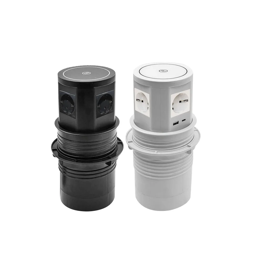 Smart pop-up countertop socket, manual lift, 110–220V, 5 AC outlets, USB-C, wireless charging, kitchen island, office desk,