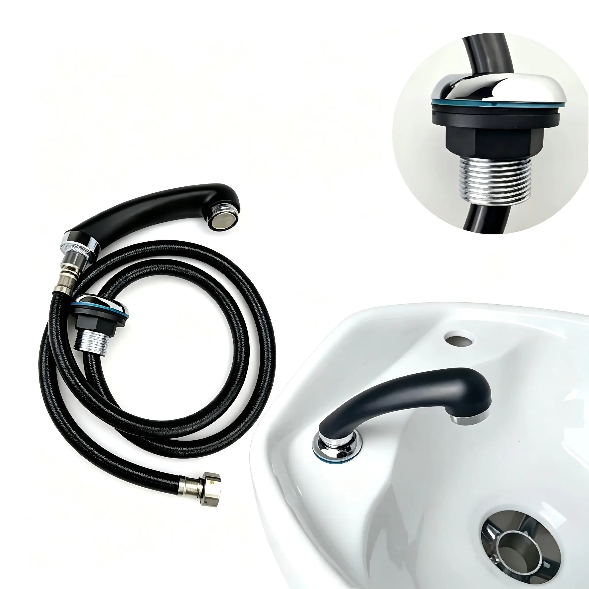 Glossy Black Salon Shower Head Faucet Kit with Flexible Hose Single Lever Hot/Cold Water Mixing Valve Curved Sprayer for Professional Use