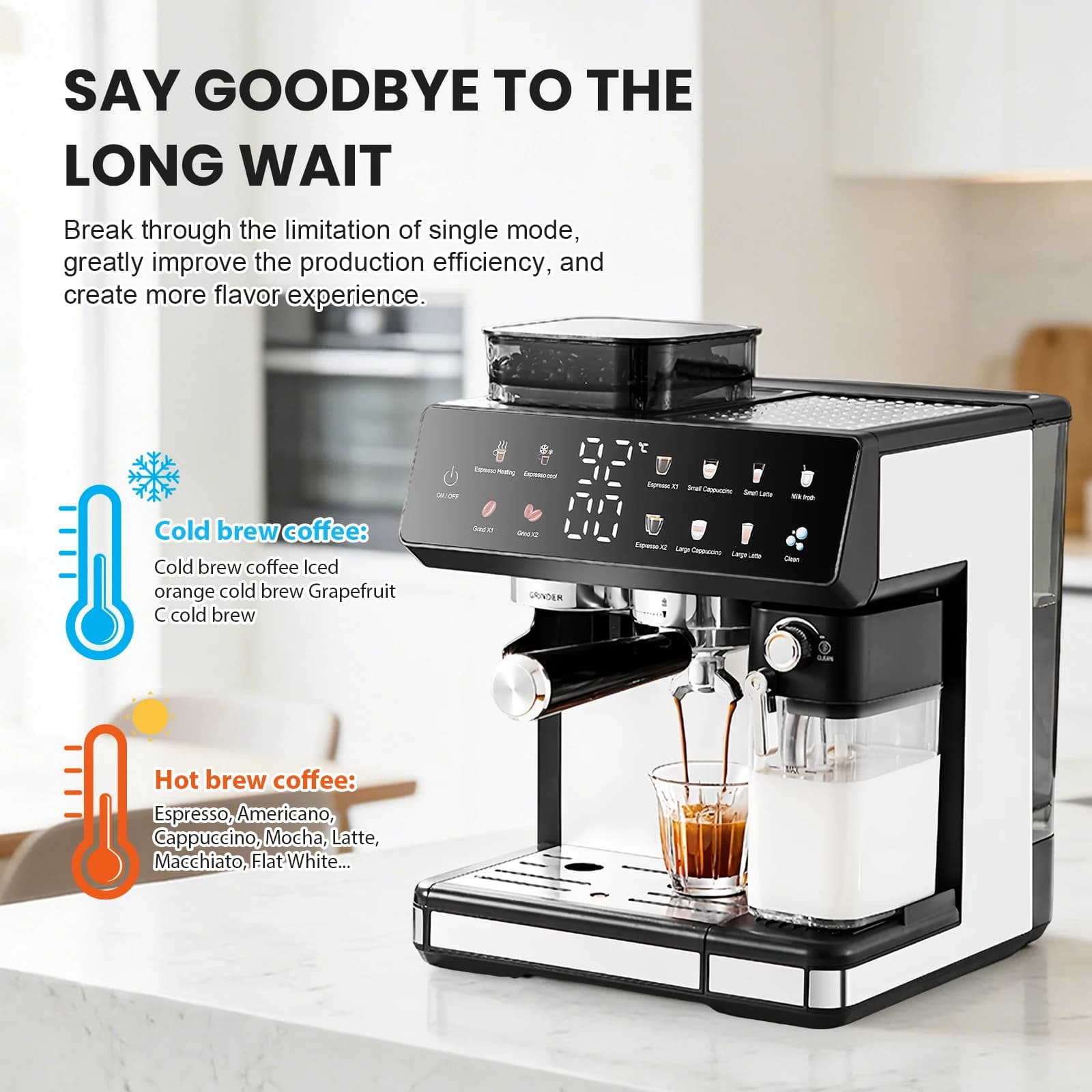 All-in-One Espresso Machine with Titanium Grinder, TFT Touchscreen, Pre-Infusion & Auto Milk Frother, Hot & Cold Brew, 8 Presets, Black/Silver