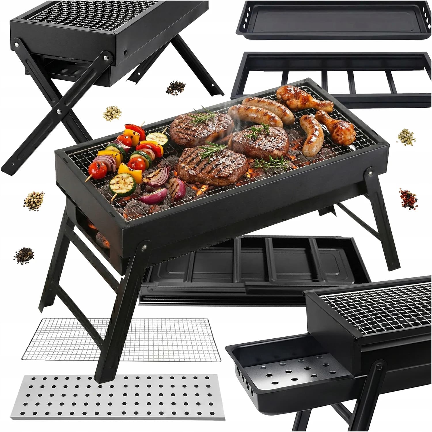 Long 60Cm Camping Grill Portable Charcoal BBQ Foldable Steel Garden Barbecue with Chromed Sliding Grate 60x32x22Cm Compact Legs Weighing 6Kg Outdoor Picnic Balcony Travel Cooking Kebabs Sausages Vegetables Fish Chicken Family Weekend Getaway