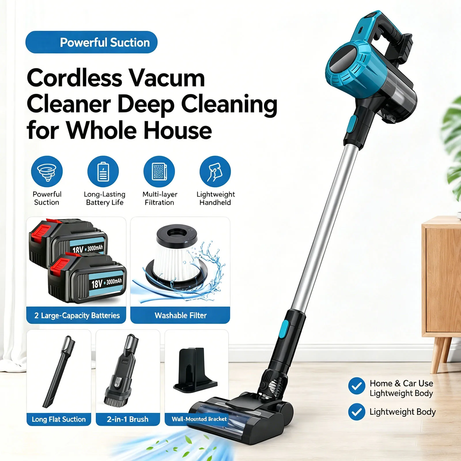3 IN 1 Cordless Stick Vacuum Cleaner, Handheld Rechargeable Vacuum with 2 Pack 3000mAh Batteries, Lightweight Multi-Surface Vacuum Cleaner Compatible with Makita 18V Battery for Home Hard Floor, Carpet & Car Cleaning