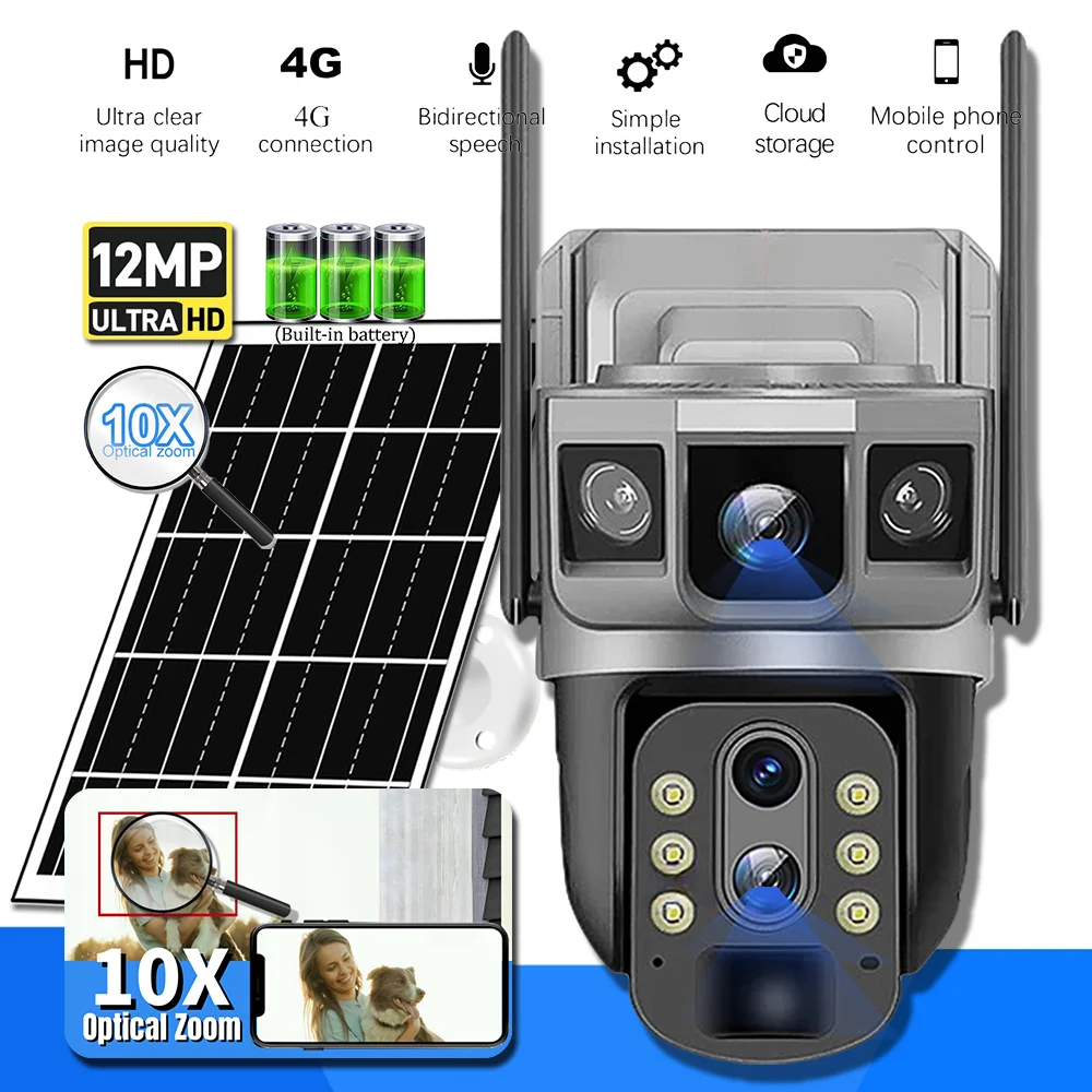 4K 12MP Solar 4G Wireless CCTV PTZ Camera with Dual Lens Battery-Powered Auto Tracking 10X Zoom  Outdoor Security Features