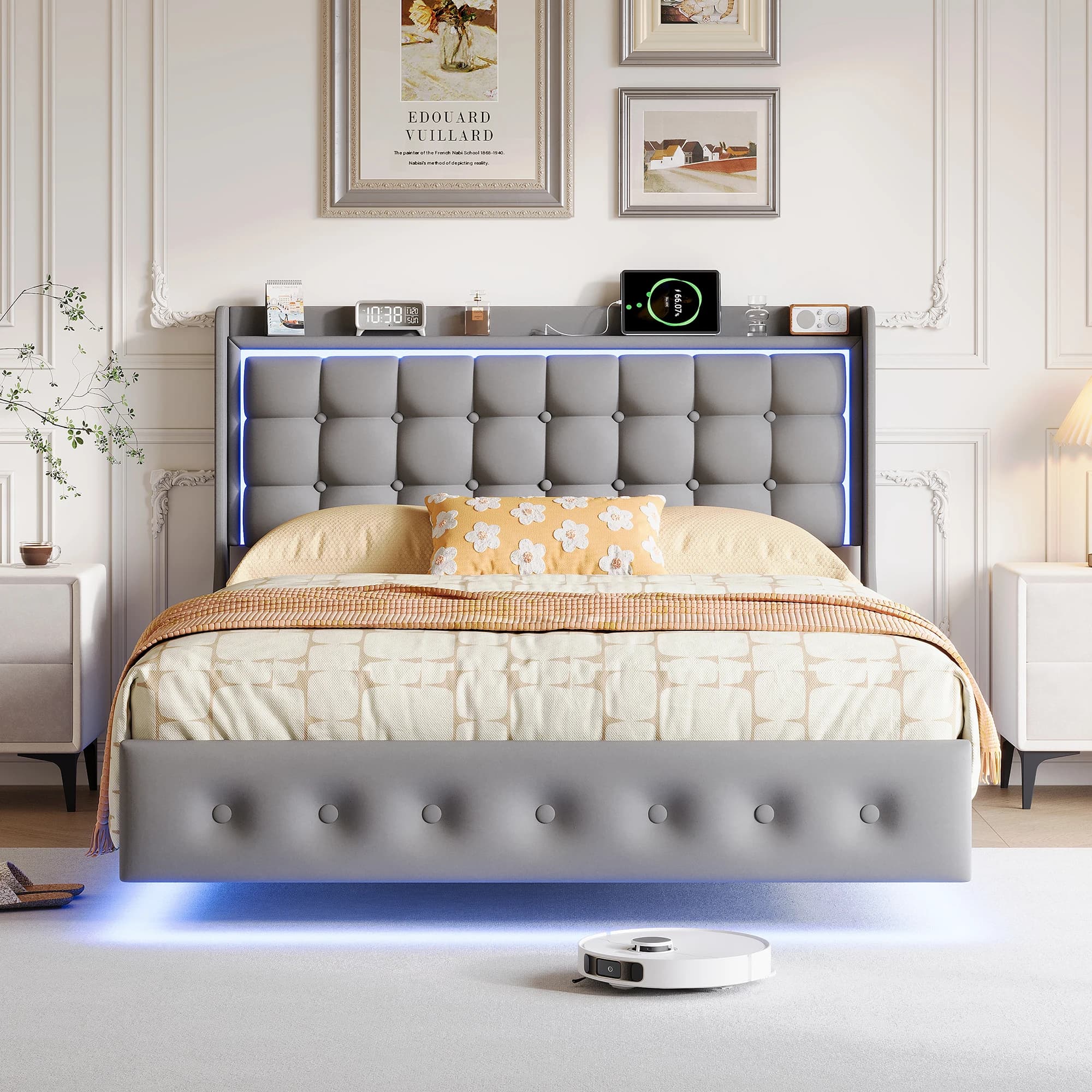 Rosahqnda Upholstered Platform Bed with Sturdy Steel Frame, Velvet Floating Bed Frame 140x200cm/160x200cm,  Mattress Not Included