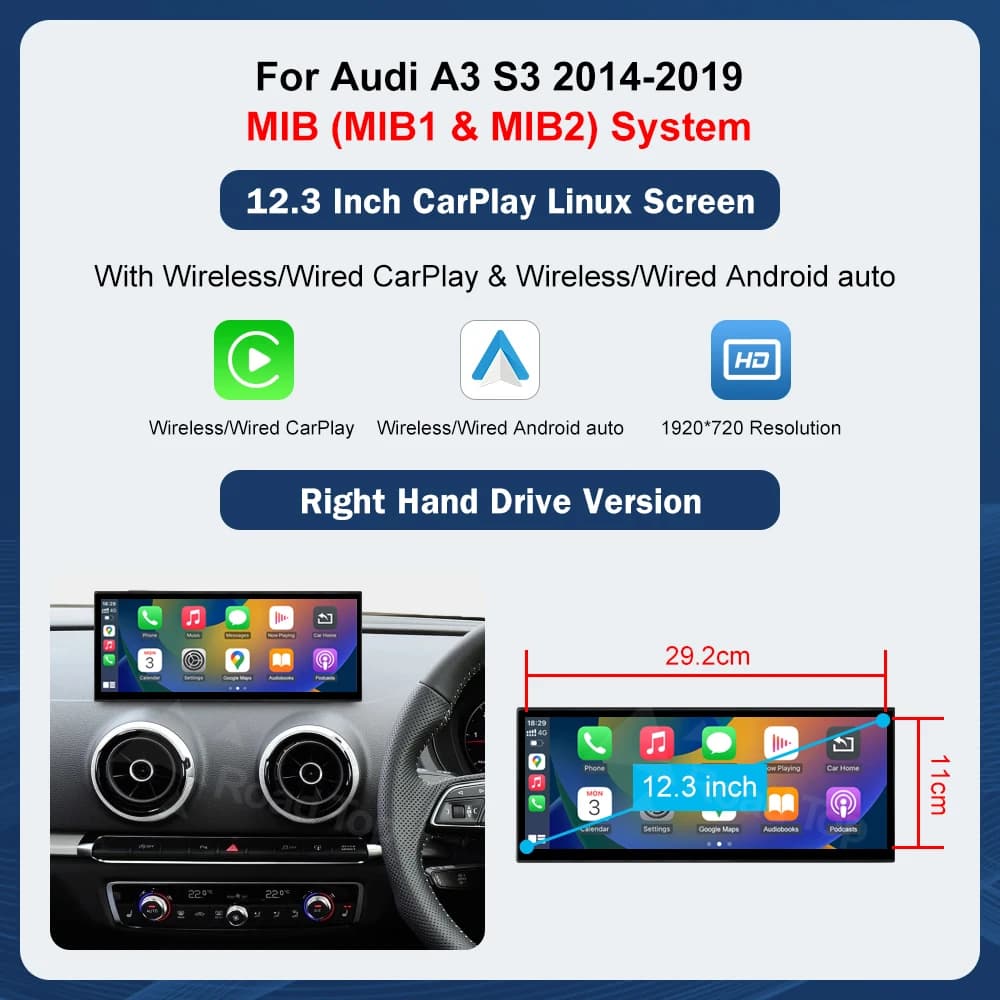 12.3 inch Touch Screen Multimedia Display For Audi A3 2014-2019 Airplay Miracast Function Wireless Carplay Android Auto