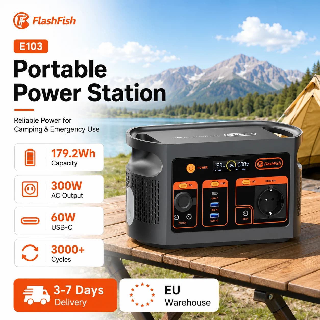 Portable Power Station FlashFish E103 300W 179.2Wh Pure Sine Wave 230V 60W PD for Camping Travel Emergency
