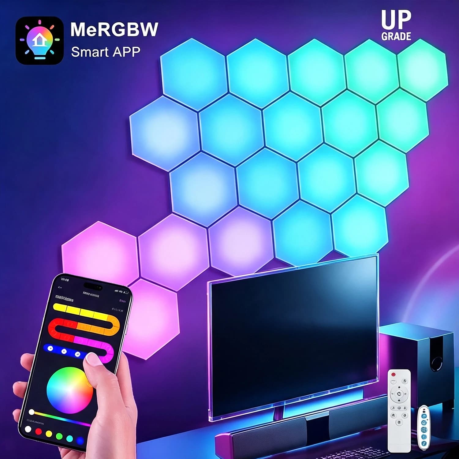 Smart Hexagon LED Wall Lights with App DIY & Remote Control Music Sync RGB Panels for Home Gaming Room Bedroom Living Room Decor Vibrant Geometric Design Indoor Party Festival Wall Decorative Light USB Powered Color Changing Modern Lights
