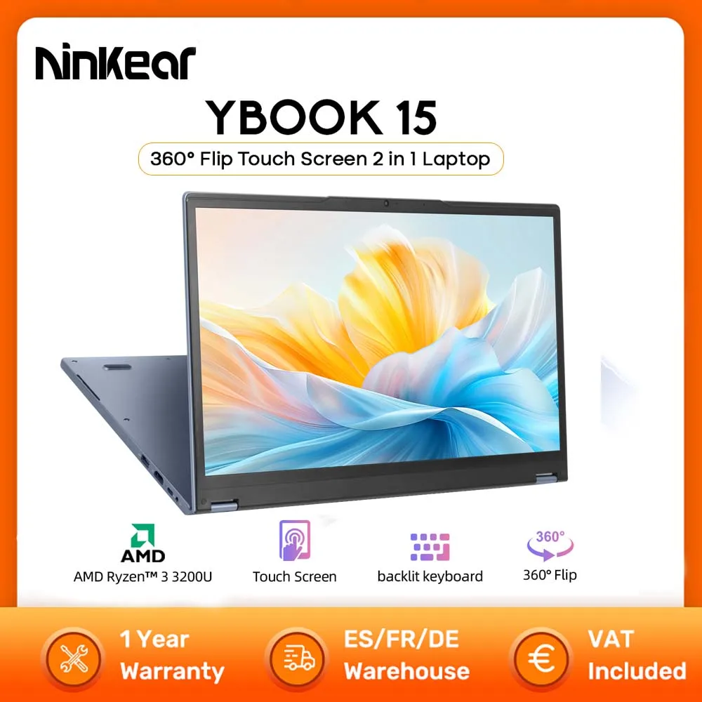 Ninkear YBOOK15 2 in 1 Laptop 360° flip 15.6' FHD IPS Touch Screen Tablet AMD Ryzen™ 3 3200U 8G DDR4+512GB SSD Windows 11 Pro