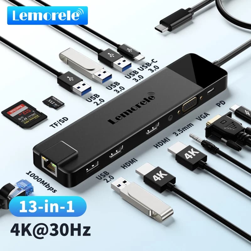 Lemorele Usb C Hub 13IN1 4K30Hz 2xHDMI 4xUSB-A 3.0/2.0 RJ45-1000M 3.5MM Audio Docking Station For Laptop MacBook pro/air Dell Accessories