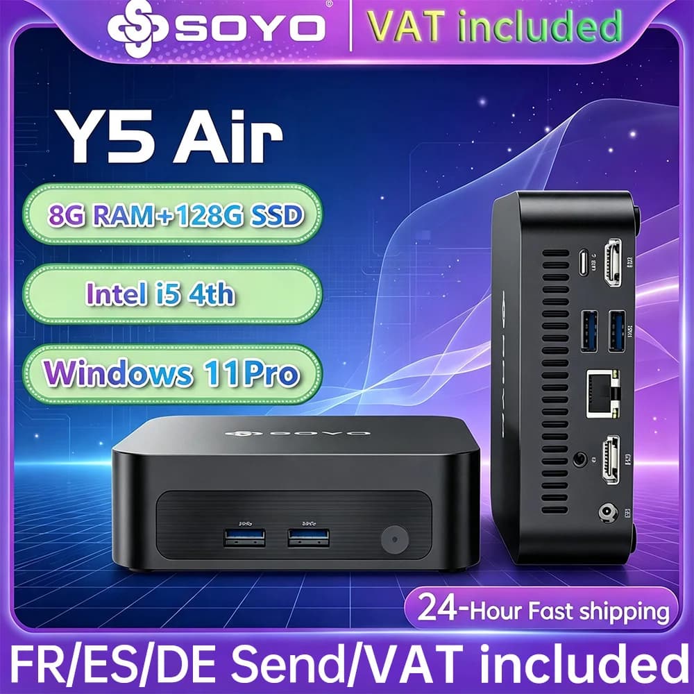 SOYO Mini PC Y5 AIR Intel Core i5 4th Gen 8GB RAM 128GB SSD Windows 11 Pro Mini Desktop Computer WiFi BT4.2 Dual HDMI Display USB-C Port Home Office Small Computer Business Mini PC Low Power Micro PC Portable Compact Desktop Mini Computer For Office Study