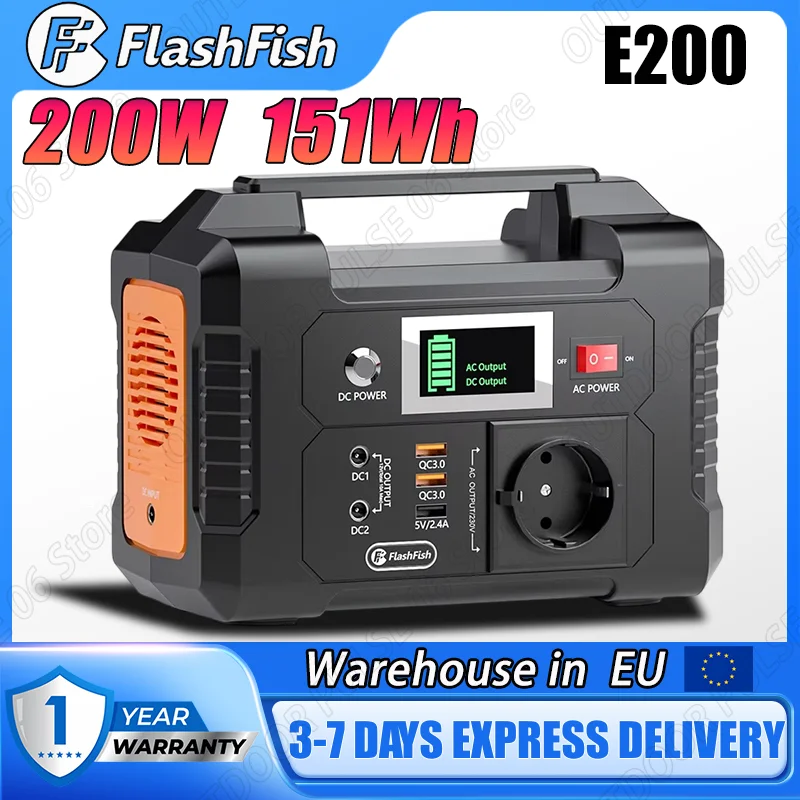 Flashfish E200 Portable Power Station 200W 151Wh LiFePO4 Battery Outdoor travel Vehicle usage Home Portable Carry Power Supply