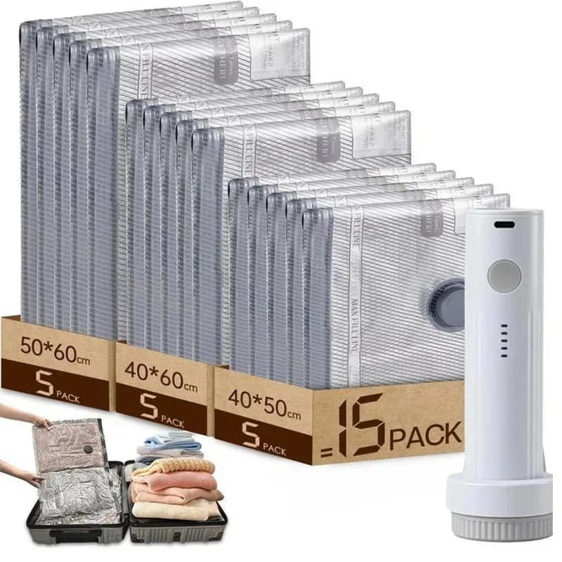 Multi-size under vacuum compression bags with rechargeable air pump, storage convenient and space-efficient for travel/House