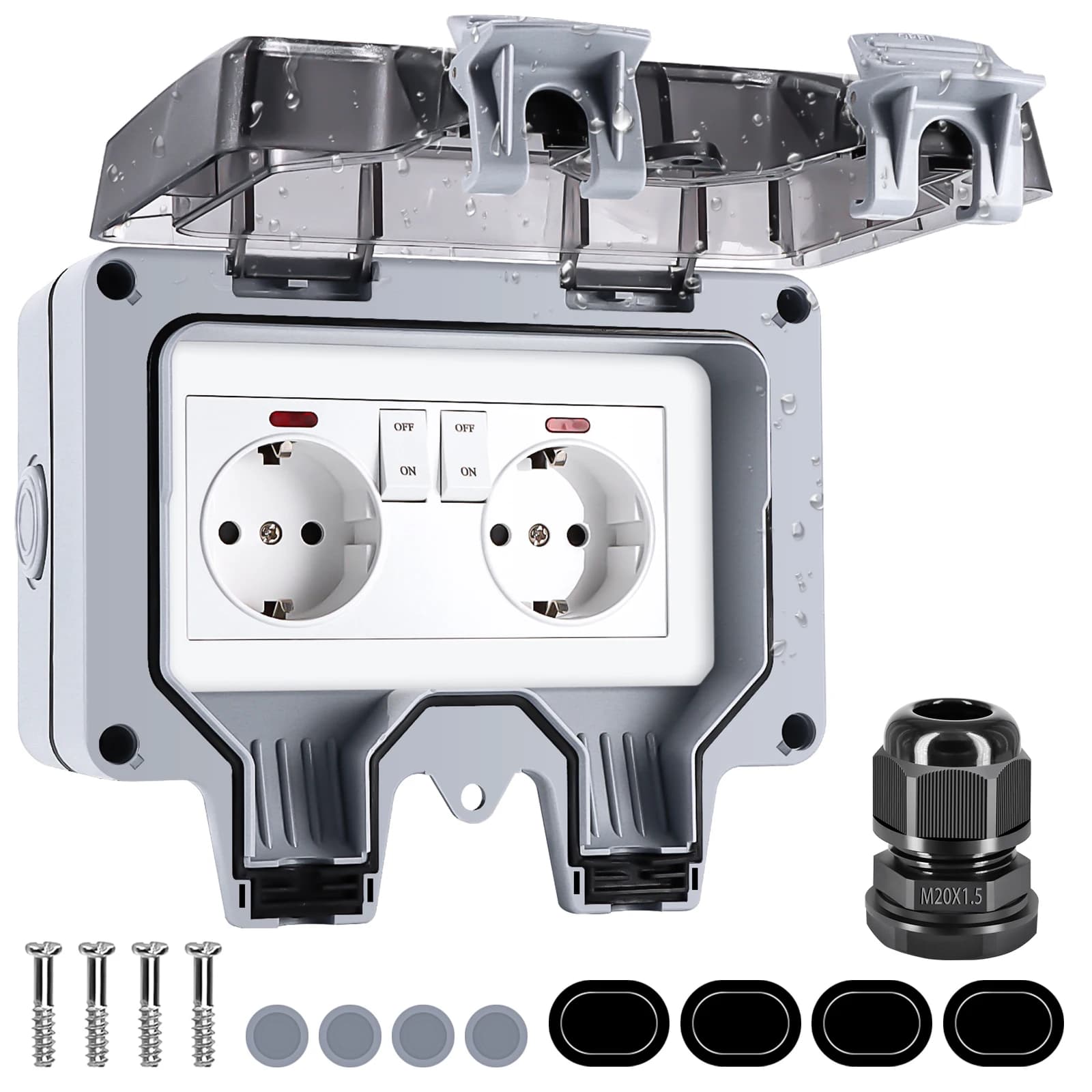 Outdoor Socket with Switch Indicator Light IP66 Waterproof Garden Wall Socket Surface-Mounted Protective Contact with Hinged Lid