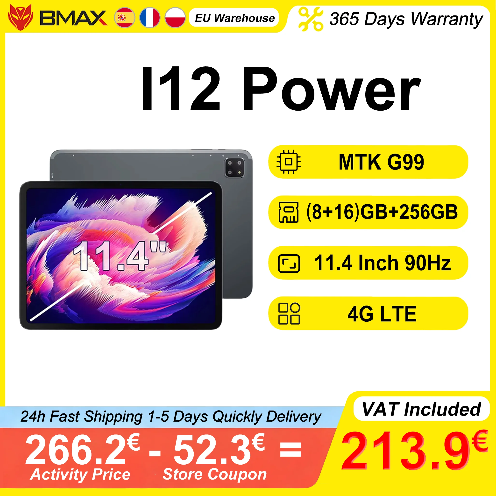 BMAX I12 Power Tablet (8+16)GB RAM 256GB ROM 4G LTE 11.4" 2.4K IPS 90Hz MediaTek Helio G99 Android 15