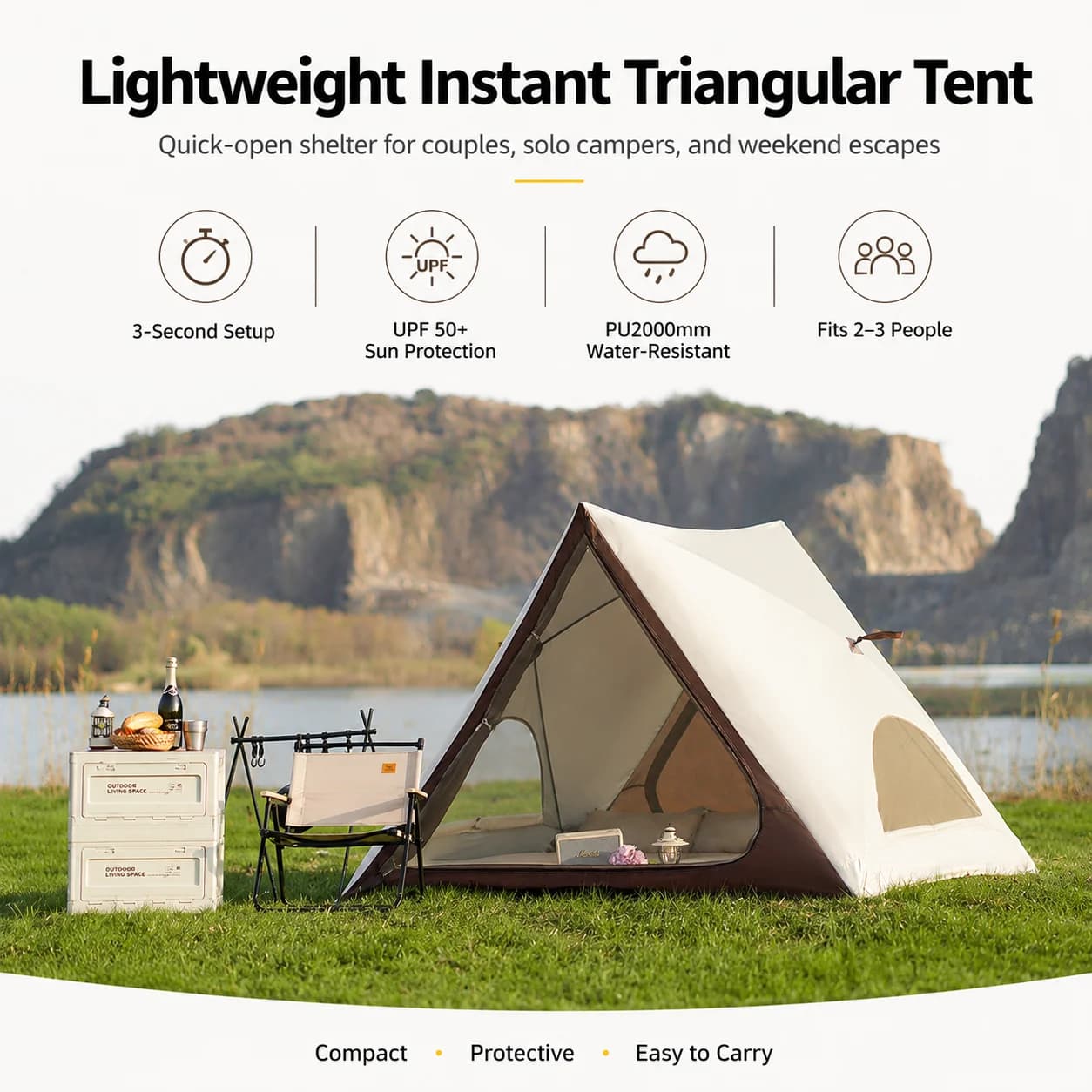 210D Oxford Instant A-Frame Camping Tent for 2–3 People, 3-Second Setup, UPF50+ Silver-Coated Waterproof with PU2000mm Rating, 3-Season Use