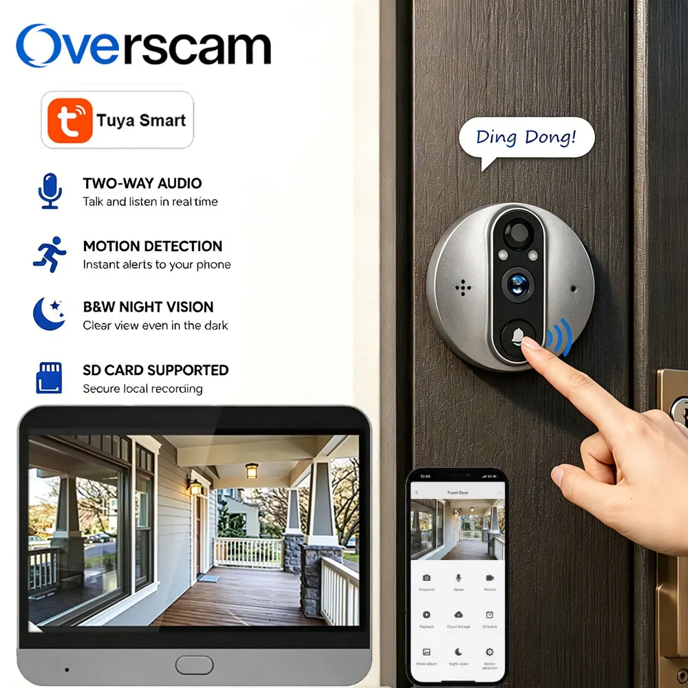 Tuya Smart Wireless WiFi Digital Peephole Video Doorbell Camera 1080P HD 4.3 Inch Indoor Viewer Monitor PIR Human Motion Detection Two-Way Audio IR Night Vision Security Door Camera for Home Apartment