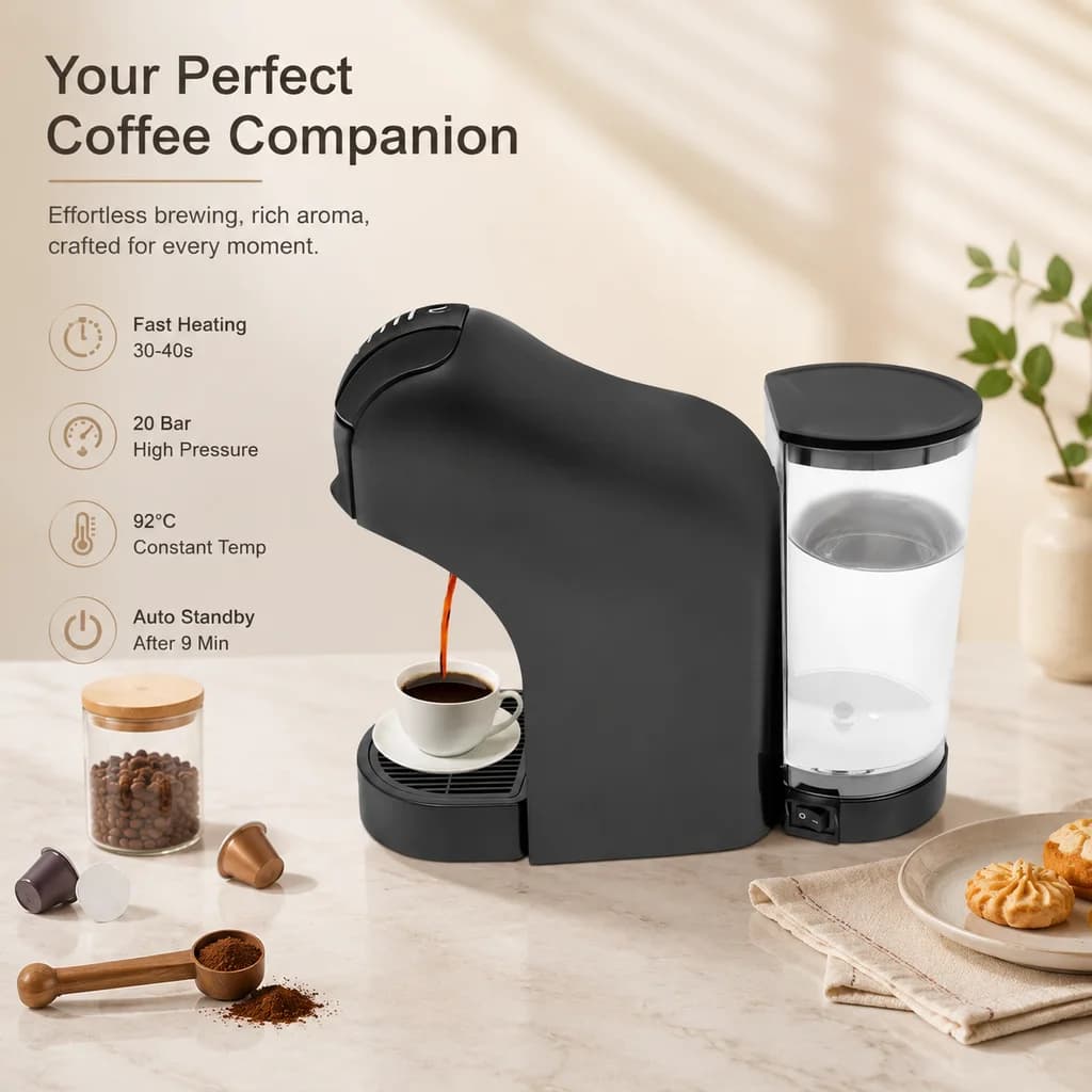 1400W 20 Bar Electric Capsule Coffee Machine, 7 Gears, 28oz Tank, 92°C Constant Temperature, 60s Extraction, Touch Control, Compatible with Nespresso & Starbucks Pods, 30-40s Fast Heating, Auto Standby, Compact for Home Office, EU Plug, Black