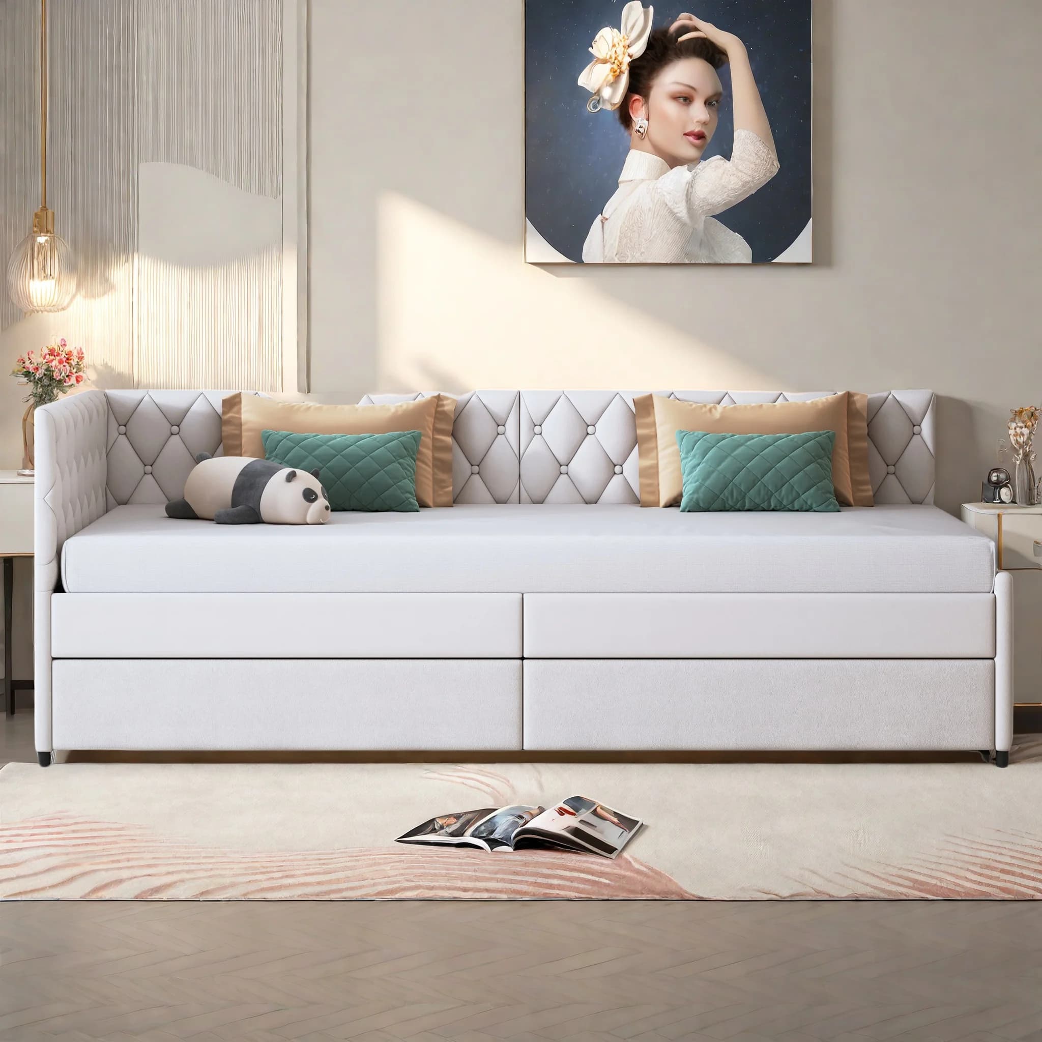 Day Bed, Extendable 90 x 200 cm, Sofa Bed, Upholstered Bed, Extendable with Guest Bed, Velvet Fabric Bed, Extendable, Sofa Bed with Slatted Frame for Adults 2 People, without Mattress