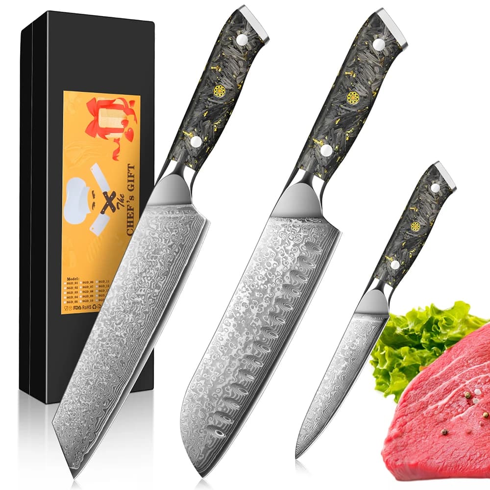 3pcs Damascus Kitchen Knife Set,Chef'S Knife Set Kitchen Damascus Steel with VG10 Steel Core,Ergonomic Handle with Gift Box