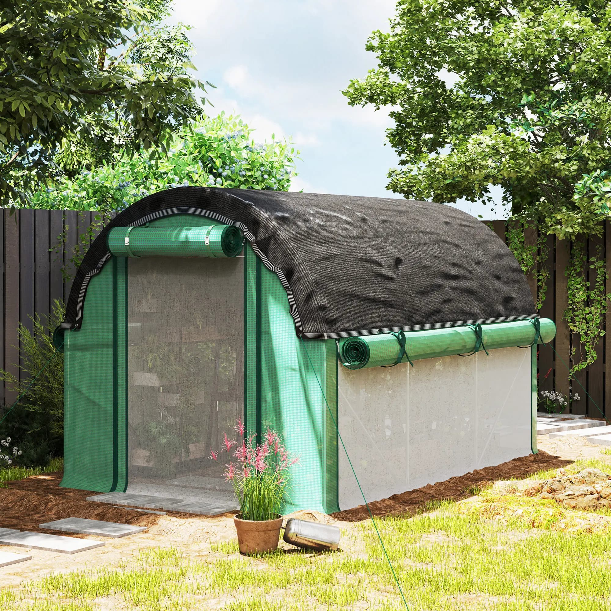 Greenhouse 3x2x2m Walk-In Tunnel with 6 Windows, Roll-Up Doors, Zippered Roll-Up Side Walls, UV-Resistant Cover, Winterproof Tomato House with Ground Anchors, Reinforced Galvanized Steel Frame, 140gsm Thick Plastic Cover with Sun Shade Net, Ventilation Me