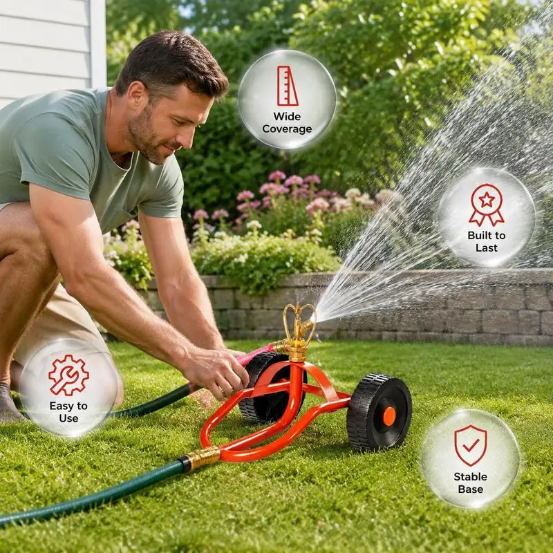 Red steel sprinkler sled equipped with movable wheels and 360° rotatable spray head. Solid steel structure is sturdy and rust-resistant. It can freely move across lawns to achieve large-area even watering, perfect for garden and lawn automatic irrigation.