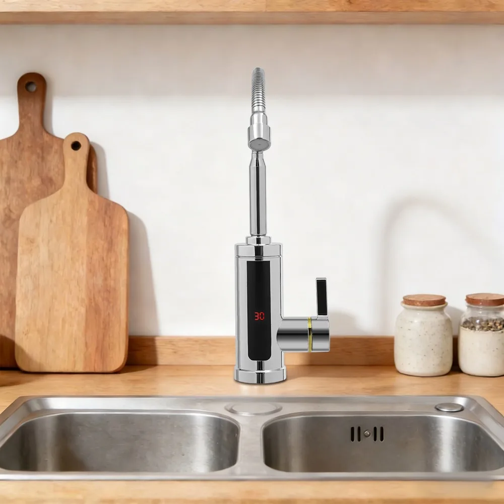 Kitchen Faucets Electric Water Heater, Silver Finish, EU Plug, Down Water Inlet, 2 Flexible Pipes, LED Screen, Anti-Dry Burn and Leak Protection