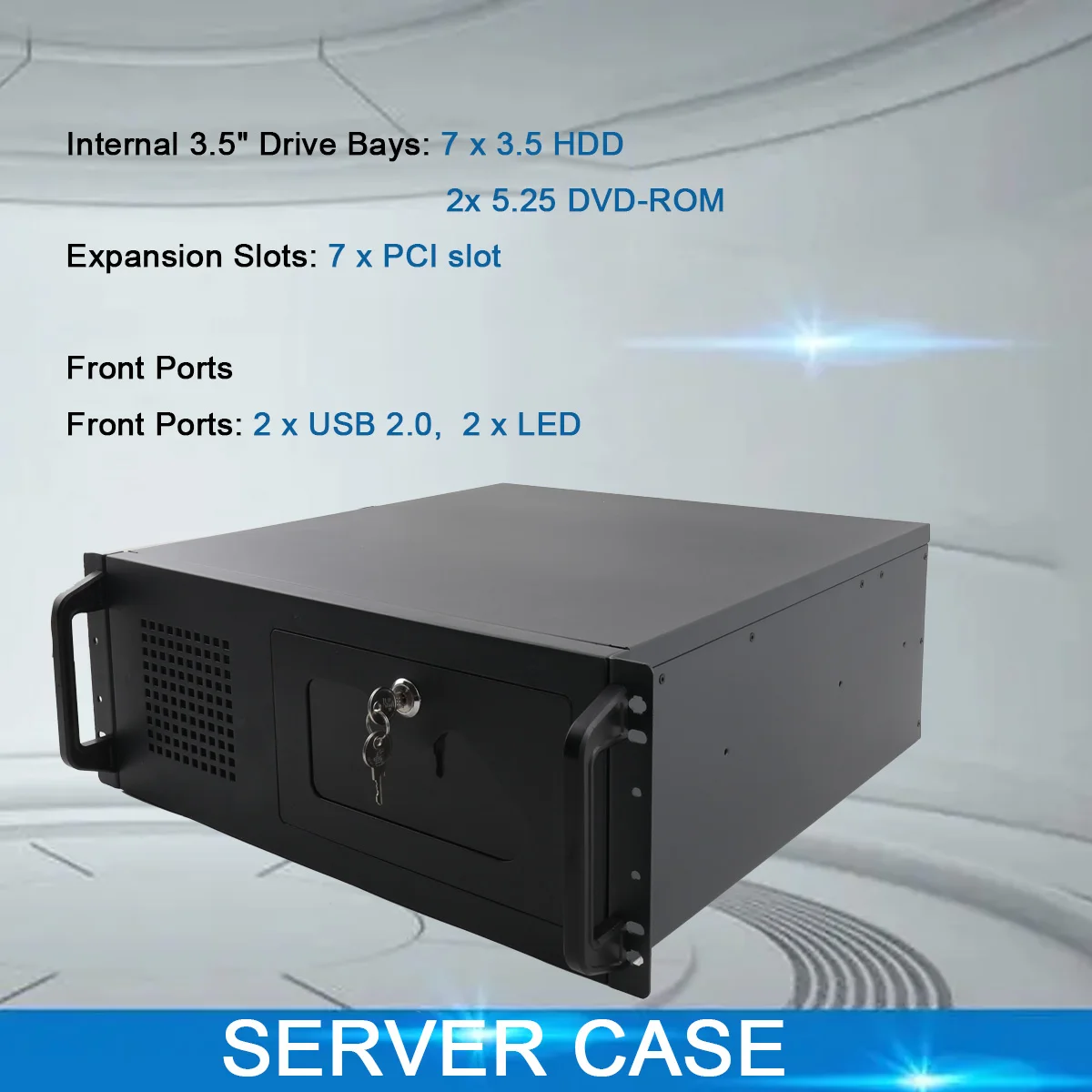 Industrial 4U Rackmount Chassis for ATX Motherboard, 7 Bay 3.5 HDD Storage Case with 2x DVD-ROM and 7 PCIe Slots, 120mm Cooling Fan, Front Dust Filter and Key Lock